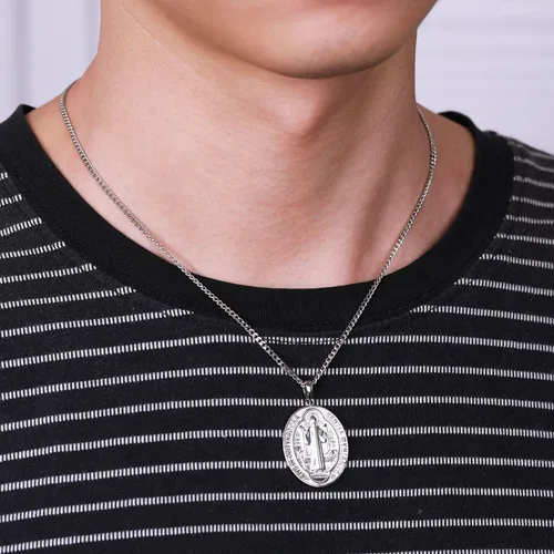 Miniatura 5 de WIOY Collar de medalla de San Benito de plata de ley 925 regalo de joyería católica de San Benito para hombres y mujeres