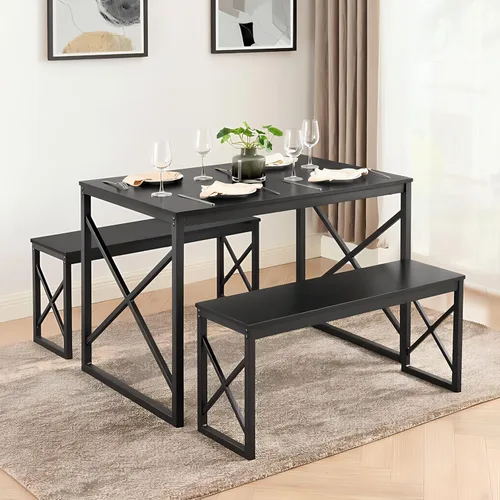 VECELO Juego de mesa de comedor de cocina de 43.3 pulgadas para 4, marco de acero resistente y mesa de grano de madera, juegos de comedor que