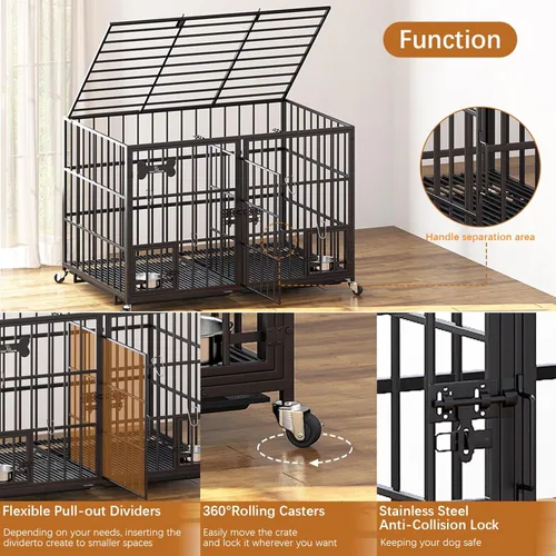 Miniatura 3 de aboxoo Jaula XL de 48/42 pulgadas para perros grandes/perros dobles medianos, jaulas de metal resistente, parte superior abierta de metal, perrera