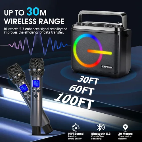 Miniatura 6 de Máquina de karaoke, altavoz Bluetooth con 2 micrófonos inalámbricos, amplificador de voz portátil, sistema PA para adultos y niños con luces LED