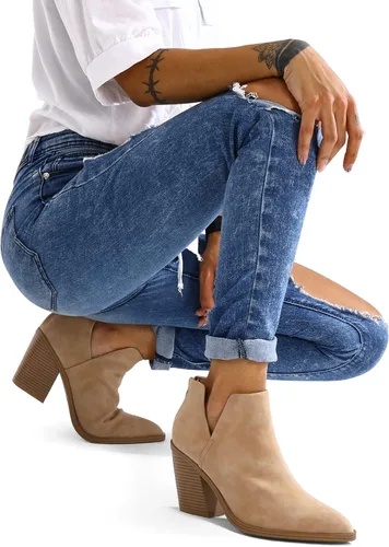 Miniatura 4 de mysoft Botines para mujer, sin cordones, puntera puntiaguda, gruesos, apilados, de tacón medio