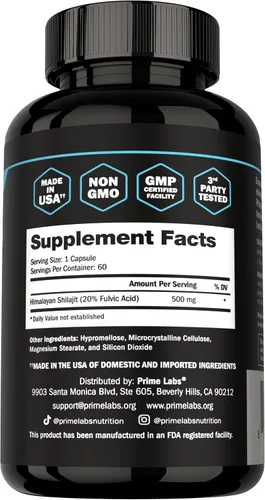 Miniatura 10 de Prime Labs Shilajit Cápsulas para hombres – 500 mg de Shilajit del Himalaya (20% ácido fúlvico) – Energía, vitalidad, soporte de testosterona