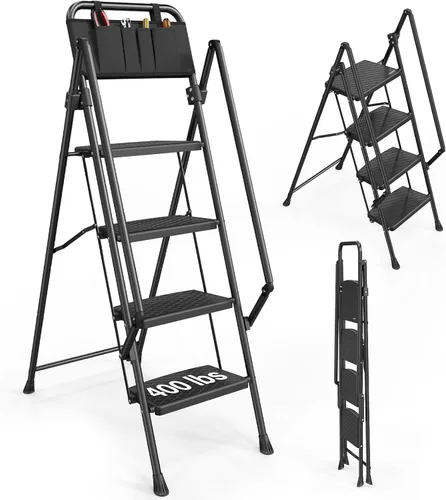 Miniatura 14 de LUISLADDERS Escalera de 5 escalones con barandillas, taburete plegable con pedal antideslizante ampliado, escalera ligera de 5 escalones plegable