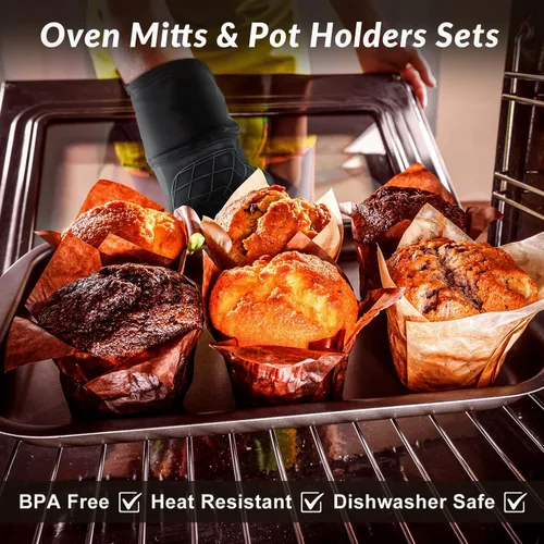 Miniatura 2 de Havlucen Extra Long Silicone Oven Mitts with Mini Oven Gloves & Quilted Liner - Heat Resistant Kitchen Protection for Baking, Grilling, and Cooking