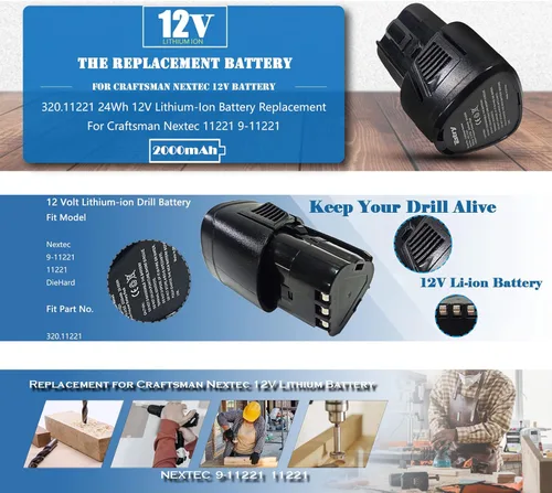 Miniatura 7 de Estry Batería de repuesto de 12 V 2000 mAh para Craftsman Nextec 9-11221 11221, 320.11221 batería de iones de litio