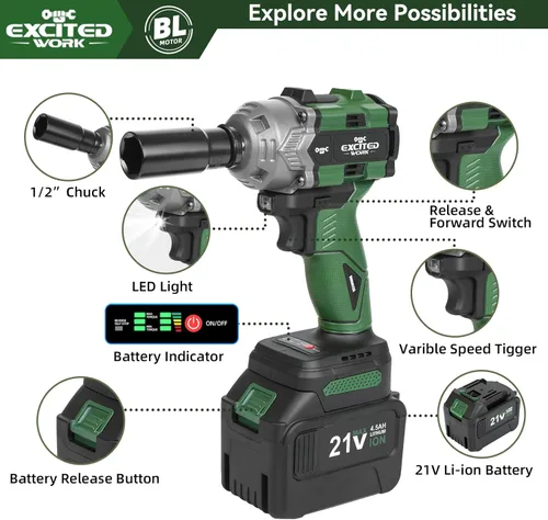 Miniatura 3 de Juego de llave de impacto sin escobillas de 20 V, llave de impacto de 1/2 pulgada de 600 Nm con 2 baterías de 4.5 Ah, pistola de impacto de alto par