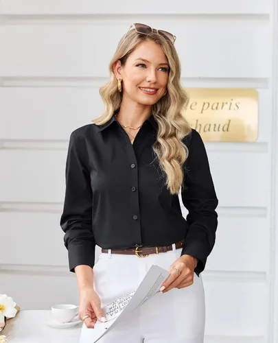 Miniatura 2 de siliteelon Camisa con botones para mujer: camisa de vestir con cuello de manga larga de algodón con botones, blusa de trabajo y oficina