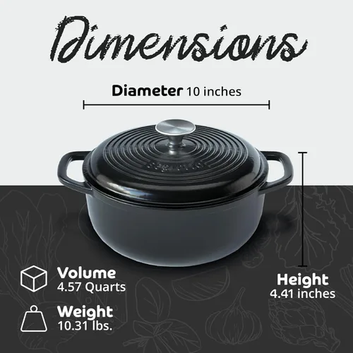 Miniatura 2 de Segretto Cookware Horno holandés de hierro fundido esmaltado con asa, 4.57 cuartos de galón, negro de 4.57 cuartos de galón, apto para horno, olla
