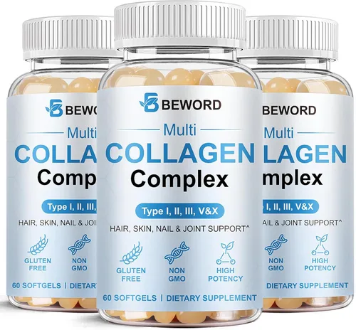 Miniatura 8 de BEWORD Cápsulas blandas de colágeno múltiple para mujeres y hombres, 60 cápsulas – Colágeno hidrolizado tipo I, II, III, V, X con vitamina C y ácido