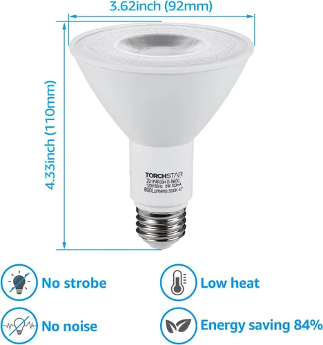 Miniatura 4 de TORCHSTAR Bombillas LED PAR30, equivalente a 8 W, 75 W, bombillas LED CRI90+ regulables, certificación UL, bombilla de inundación de cuello largo