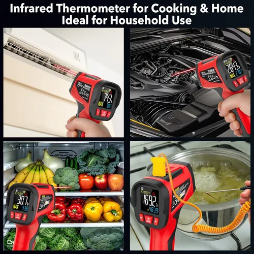Miniatura 8 de Pistola termómetro infrarroja, pistola de temperatura láser digital con sonda, termómetro IR sin contacto de -40°F ~ 1472°F con emisividad ajustable