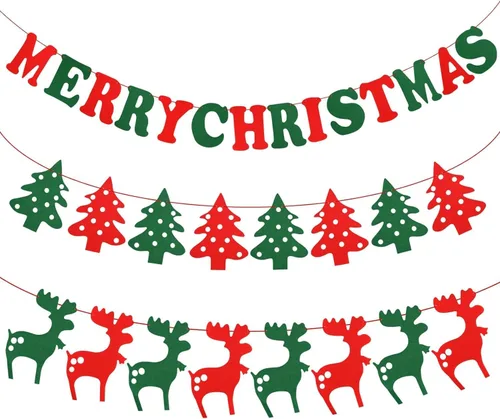 Marbrasse Cartel de fieltro de Navidad de 3 piezas, pancarta de Feliz Navidad, rojo, verde, Papá Noel, reno, árbol de Navidad, decoración de