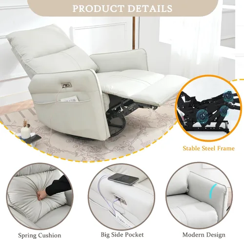 Miniatura 4 de Silla reclinable giratoria eléctrica para guardería, silla mecedora giratoria tapizada de 270° con puertos USB, reclinables pequeños para espacios