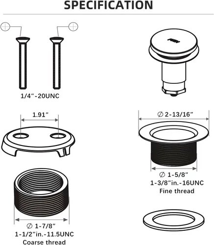 Miniatura 6 de Kit de drenaje de bañera completamente metálico con mecanismo basculante, placa frontal de desbordamiento de dos orificios y ensamblaje universal