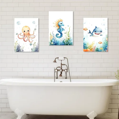 Miniatura 2 de ZXHYWYM Arte de pared de 3 piezas para habitación del bebé, diseño de tiburón de pulpo, caballito de mar, tiburón, impresiones sobre lienzo