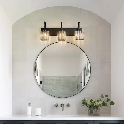 Miniatura 7 de Luces de tocador de cristal de 3 luces negras para tocador de baño, modernas lámparas de baño de cristal sobre espejo de 23.62 pulgadas de largo