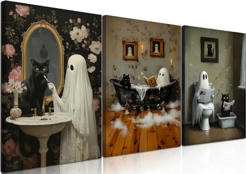 Miniatura 12 de Obras de arte en lienzo de fantasmas de Halloween para baño, decoración de pared con fantasmas de terror y lindo gato negro en la bañera, pinturas