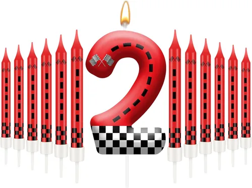 Miniatura 32 de 13 piezas de velas temáticas de coches de carreras para cumpleaños en negro y blanco con número de carrera 1 a cuadros, velas para tarta de coche