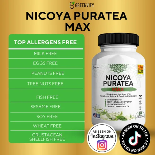 Miniatura 3 de Nicoya PuraTea Max Extracto de té verde y grano de café verde para apoyo al metabolismo, impulso de energía natural, suplemento rico