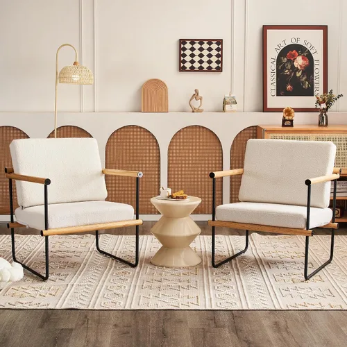 Miniatura 6 de Silla decorativa de tela Boucle de 29 pulgadas para dormitorio, sillón moderno para sala de estar, sillón de lectura tapizado con brazos de metal