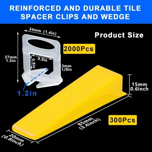 Miniatura 2 de Clips para sistema de nivelación de azulejos de 1/8 pulgadas, 2000 piezas de clips espaciadores de azulejos y 300 cuñas amarillas reutilizables