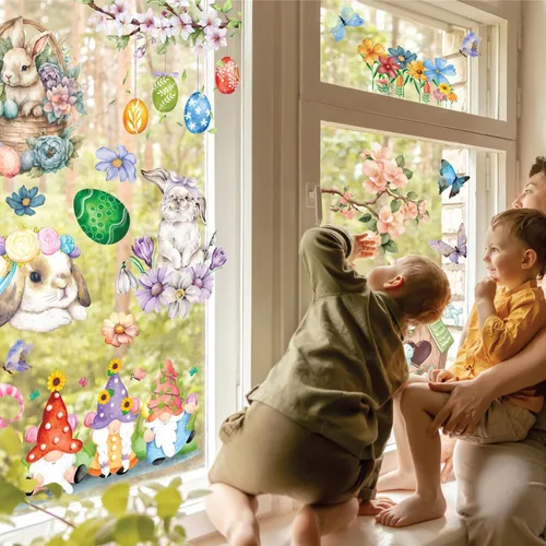 Miniatura 3 de WALPLUS Decoración de primavera para ventana de conejito de Pascua, decoración de primavera, de verano, reutilizable, para despegar y pegar