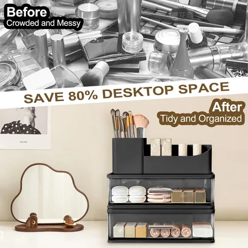 Miniatura 3 de DASITON Organizador de maquillaje para tocador con 2 cajones, organizador de cosméticos apilable con soporte para brochas de maquillaje, organizador