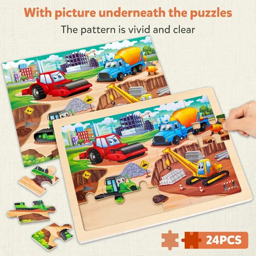 Miniatura 3 de SYNARRY Rompecabezas Grandes de Vehículos de Construcción de Madera para Niños Pequeños de 3-5 Años, Rompecabezas de Camión Monstruo de 24 Piezas