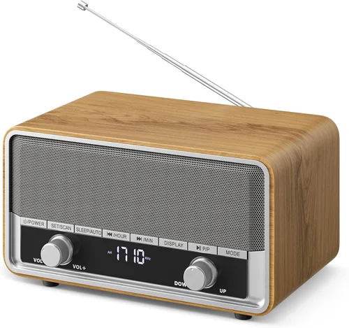 Radio Bluetooth AM FM de madera vintage enchufable en la pared, radio digital con pantalla de tiempo, sin alarma, temporizador de sueño, 40 Nogal