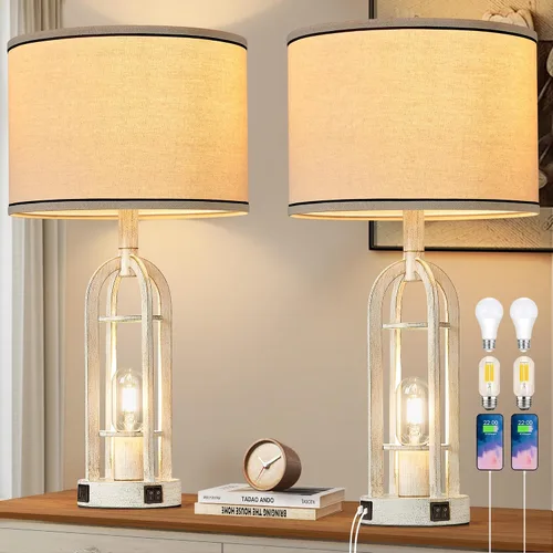 Miniatura 9 de SRJJA Juego de 2 lámparas de mesa de granja para sala de estar y dormitorio, lámparas de noche industriales rústicas para mesitas de noche con USB