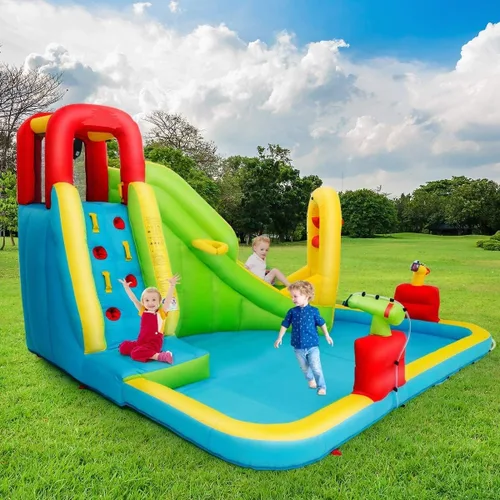 Miniatura 8 de OLAKIDS Tobogán acuático inflable, casa de rebote 7 en 1 con 2 toboganes, pared de escalada, piscina de salpicaduras, borde de baloncesto, 2