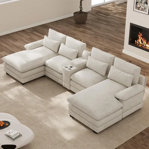 Miniatura 8 de Sofá seccional en forma de U de 132 pulgadas, mullido y afelpado de pana de 4 asientos, sofás seccionales color negro para sala de estar, cómodo