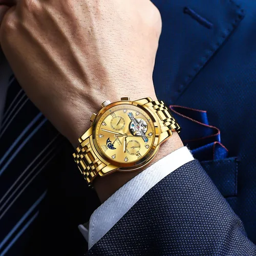Miniatura 2 de OLEVS Relojes automáticos para hombre, impermeable, vestido de lujo, cuerda automática, esqueleto mecánico, tourbillon, fase lunar, acero