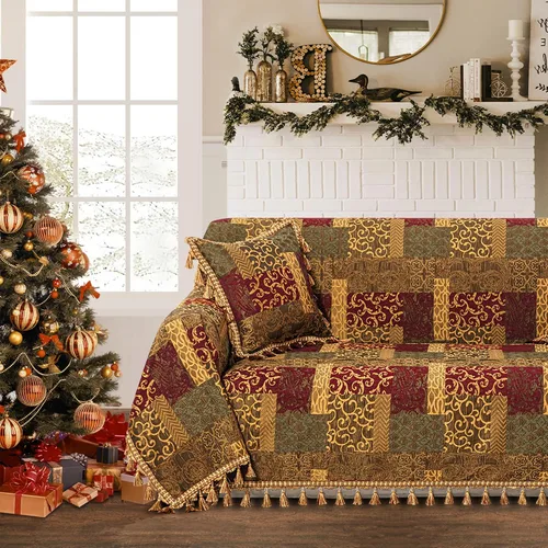 Miniatura 10 de Loom and Mill Fundas de sofá de lujo de tela jacquard, fundas para sofá, protector de muebles con borde de encaje y borlas hechas a mano