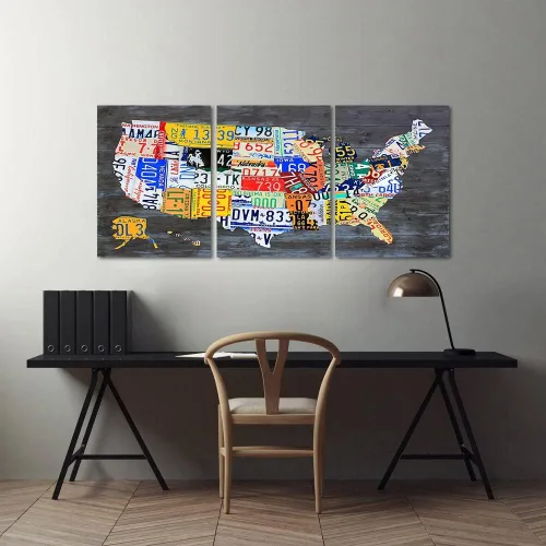 Miniatura 3 de MAMAGO Lienzo decorativo para pared, diseño de mapa de Estados Unidos, 3 paneles, fondo de madera, mapa de Estados Unidos, imagen y póster, arte