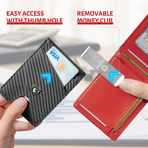 Miniatura 31 de GSOIAX Cartera delgada de cuero plegable RFID para hombre, billetera minimalista con bolsillo frontal con clip para dinero, 12 ranuras para Negro
