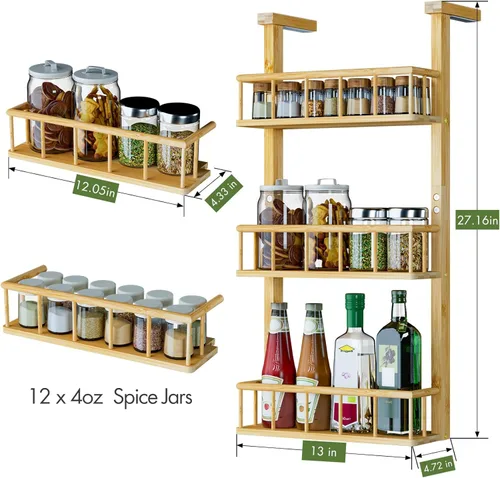 Miniatura 6 de Estante colgante para especias para refrigerador, organizador de estante de cocina de bambú de 3 niveles para almacenamiento de condimentos