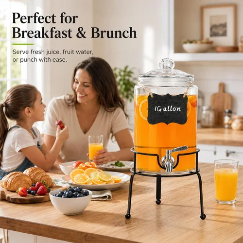 Miniatura 2 de Dispensador de bebidas de 1 galón, 1 paquete, dispensador de bebidas de espita de acero inoxidable para fiestas con soporte, recipiente de vidrio