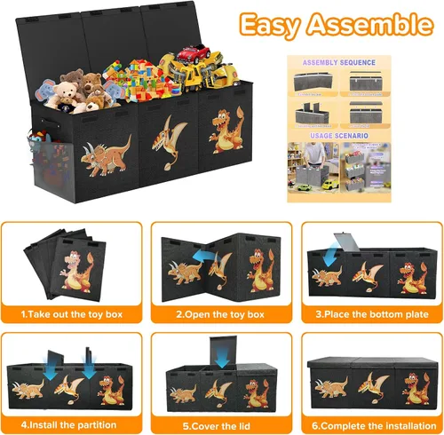 Miniatura 8 de Caja de juguetes extra grande, plegable, resistente, organizadora de juguetes, cestas de dinosaurios con tapas para niños y niñas, sala de estar