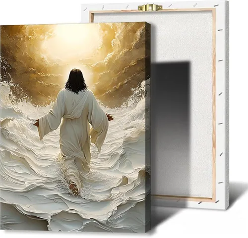 Miniatura 4 de Lienzo enmarcado dorado y blanco de Jesús caminando sobre el agua, arte de pared, póster religioso cristiano, cuadro de pintura de Cristo