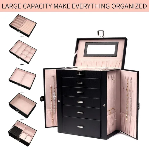 Miniatura 3 de FEIYAN Joyero organizador grande con estuche de viaje pequeño, caja negra de espejo de 6 capas con cajones para mujer