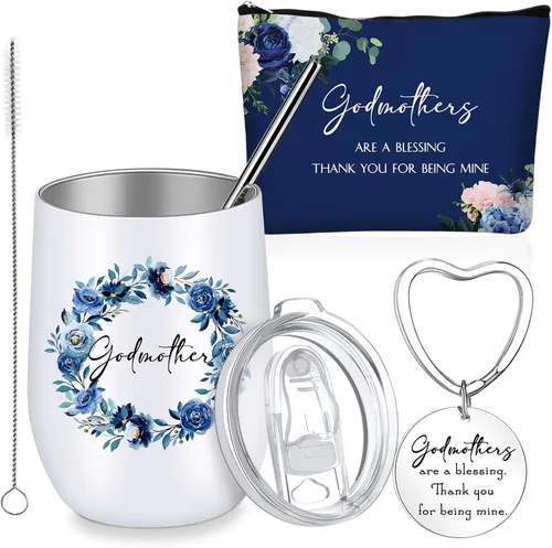 Miniatura 8 de Didaey Juego de 3 regalos para madrina de parte del ahijado, regalo de propuesta de madrina, vaso de acero inoxidable, bolsa de maquillaje, llavero