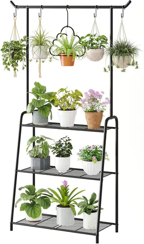 Soporte de metal para plantas para interiores y exteriores, estante esquinero de 3 niveles de alto, escalera de flores colgante para sala de estar,