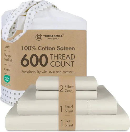 Miniatura 25 de Threadmill Sábanas de Algodón 100% para Cama Tamaño Queen - Juego de Sábanas Queen de 600 Hilos con Bolsillo Profundo de 16" - Juego de Ropa de Cama