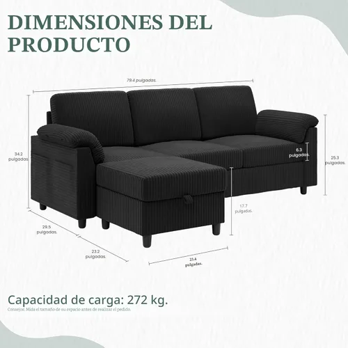 Miniatura 2 de Vongrasig Sofás Seccionales Convertibles, Sofá de 3 Asientos en Forma de L con Almohadas Removibles de Tela de Pana Suave, Sofá Pequeño de Mediados