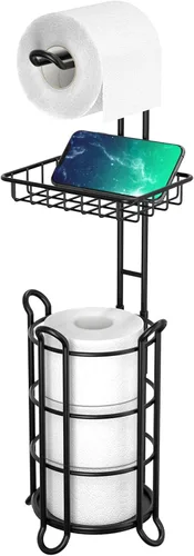 Miniatura 9 de Soporte de rollo de papel higiénico para baño, soporte de papel higiénico de pie con estante de almacenamiento central, reserva de mega E-plata