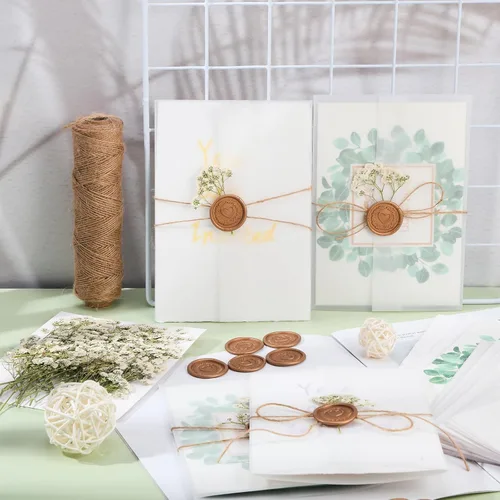 Miniatura 6 de Qilery El kit de invitación de boda incluye chaqueta de vellum preplegada para invitación de 5 x 7 pulgadas, flor seca del aliento del bebé