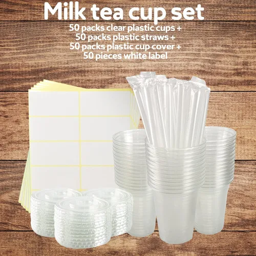 Miniatura 3 de Juego de 50 vasos de plástico transparente con tapas planas, vasos desechables de café helado de 16 onzas con pajitas y calcomanías, vasos