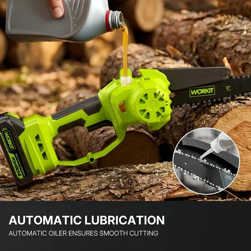 Miniatura 6 de WORKIT Mini motosierra inalámbrica, motosierra eléctrica de 8 pulgadas con 2 baterías, motosierra de mano con engrasador automático, tensión sin