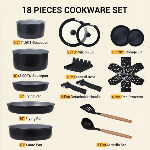 Miniatura 8 de Ammeloo Juego de 18 Piezas de Ollas y Sartenes Antiadherentes, Juego de Utensilios de Cocina de Cerámica de Inducción con Mango Desmontable, Juego